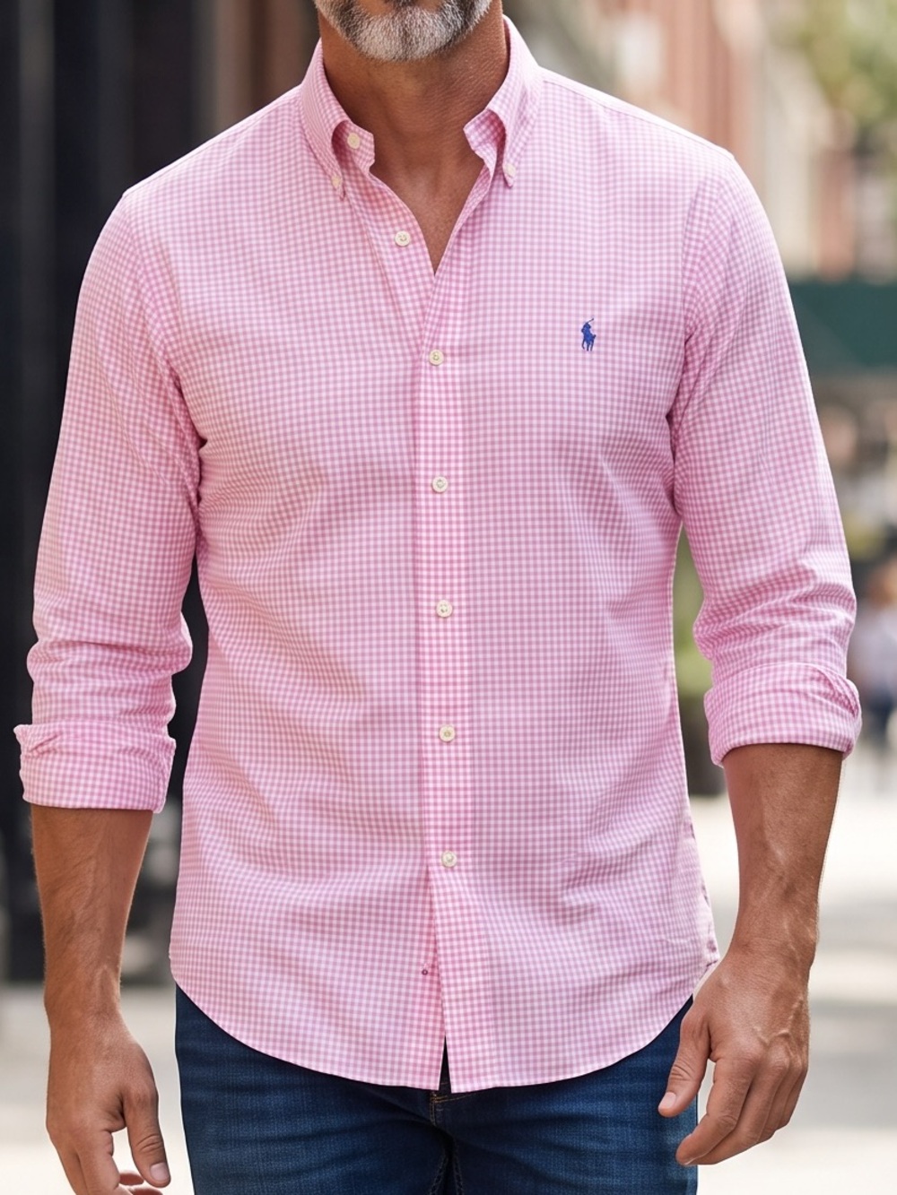 Ralph Lauren Pink Gingham Button-Down Shirt with Blue Polo Logo